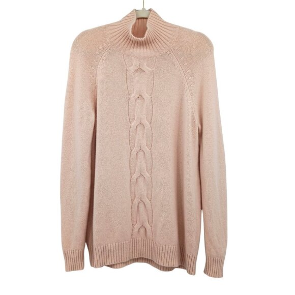 Garnet Hill Cashmere Cable Knit Mock Neck Sweater Size Medium Pink Blush Pastel - Picture 1 of 8